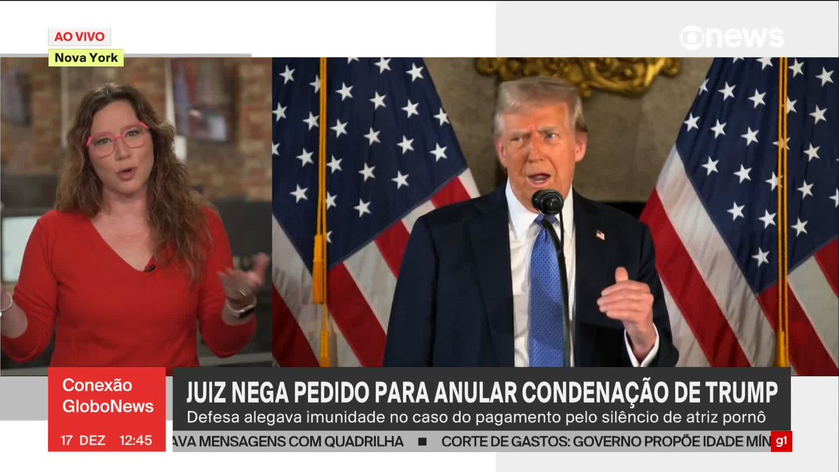 IMPORTANTE: o juiz acabou de negar o pedido para anular a condenação de Donald Trump. O conservador foi condenado por fraude ao ocultar pagamentos a uma atriz pornô com quem ele traiu a esposa.