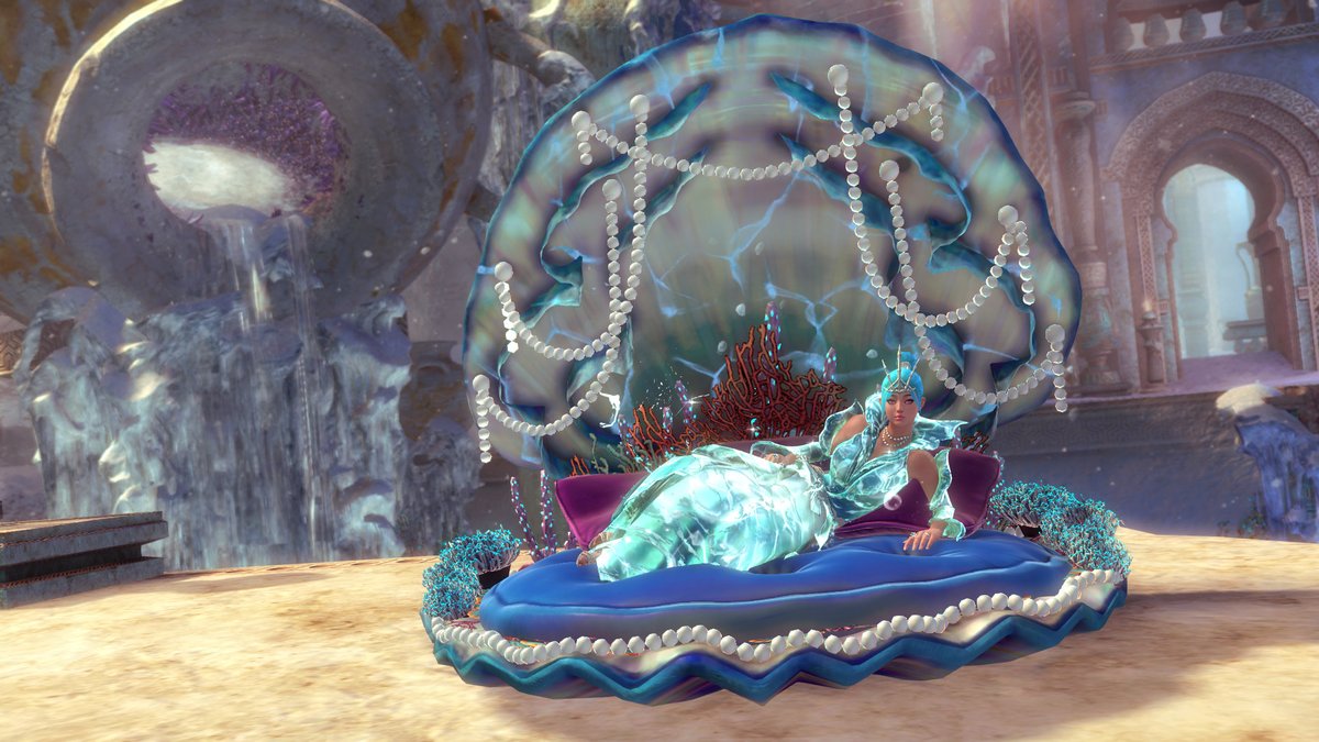 Tides flow and shimmer with our new ocean-themed outfit and chair! But if you're feeling spunky, we've got fresh new dance moves for you! There's fresh new items in the #GuildWars2 Gem Store: