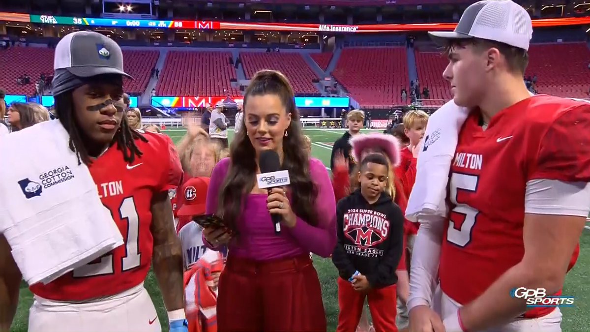 Congratulations to our Georgia Cotton Commission Player's of the Game, TJ Lester & Luke Nickel. Niki Noto Palmer caught up with the Milton High School Football player's about their 5A state title winning performances 🏈 #GPBSports