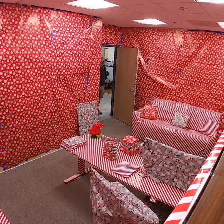 The best way to spread Christmas cheer is to gift wrap your VP's entire office when he's not here This was his reaction when he came back 😂