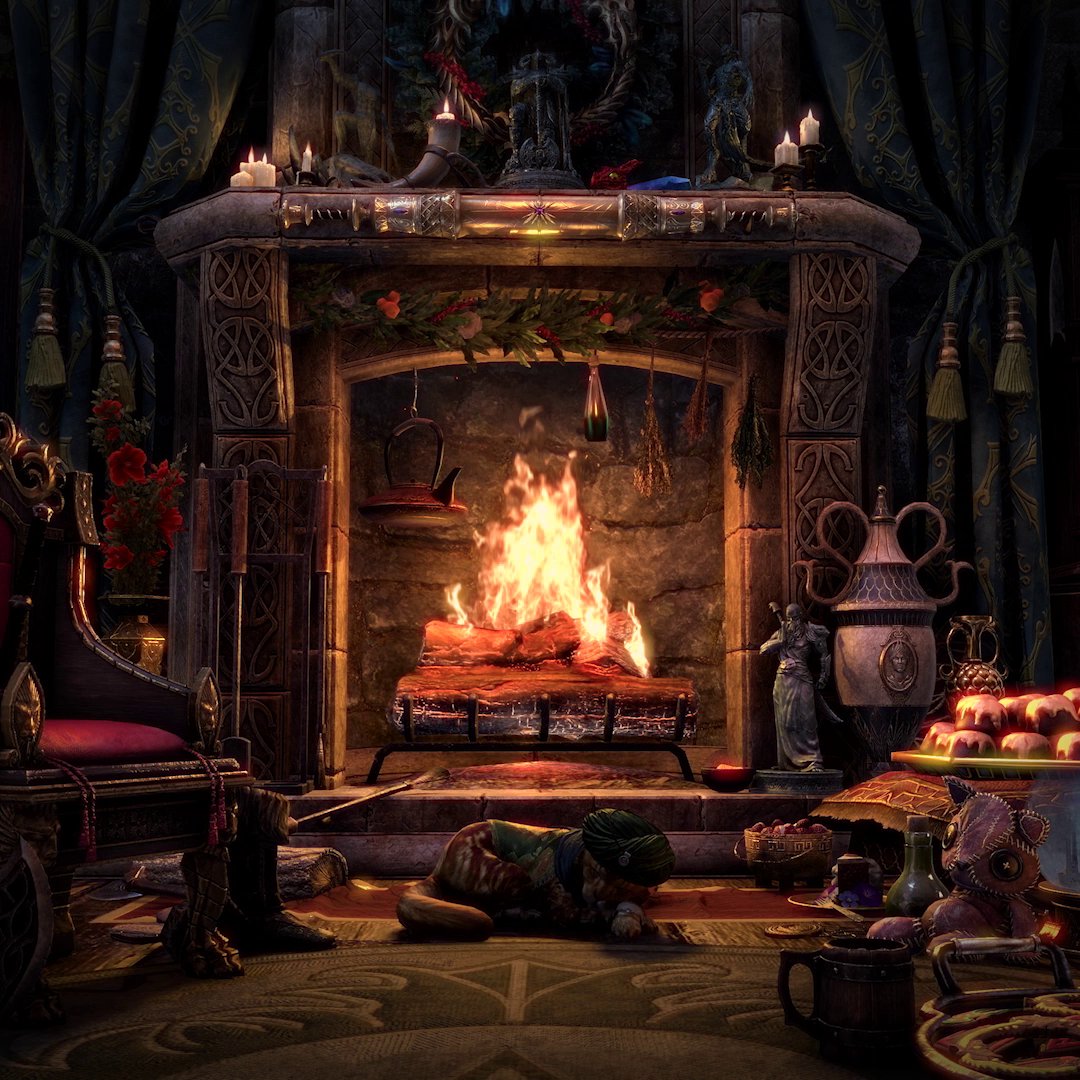 #ESOFam, it's cold out there. ❄️ Settle in and gather 'round the #ESO Yule Log. 🕯️