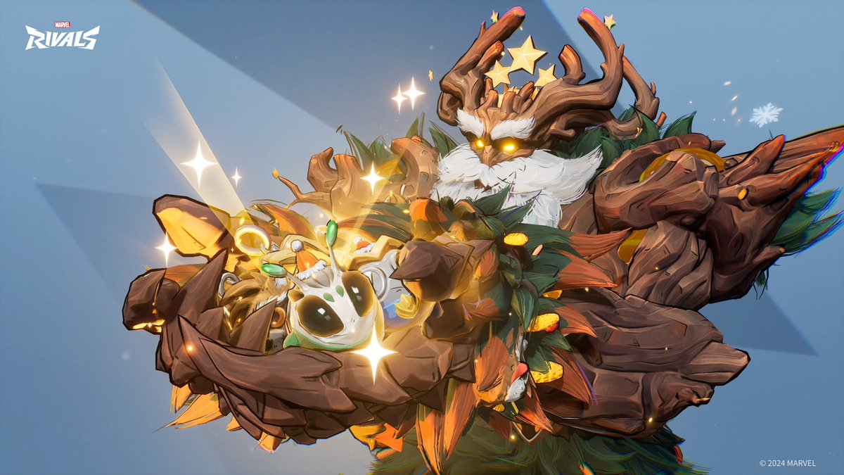 [Holiday Happiness] 🎄 With his friends close to his heart and body, Groot is all geared up to take on the Holiday spirit for the first time in Marvel Rivals Season 0! With lights and the Guardians wrapped around his branches, it's going to be a cozy winter! Groot's Holiday Happiness Costume will be available in store on December 19 at 11PM PST! #MarvelRivals #Groot