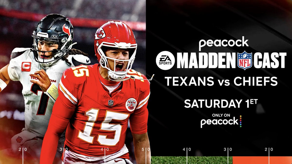 Go all the way into every play with the #EASportsMaddenNFLCast featuring the Texans and Chiefs, LIVE December 21 at 1p ET only on Peacock.
