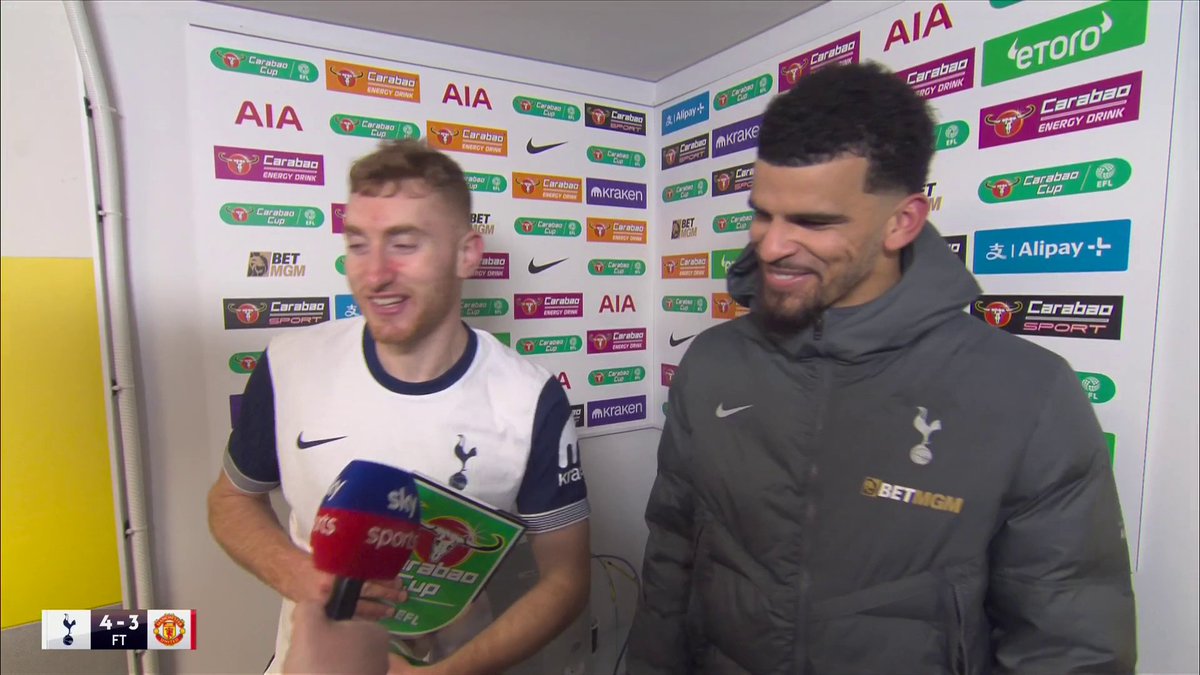 "We've got to keep going, we've got to get better, stay hungry" 😤 Kulusevski and Solanke react after Spurs' 4-3 victory against Man United 🎙️