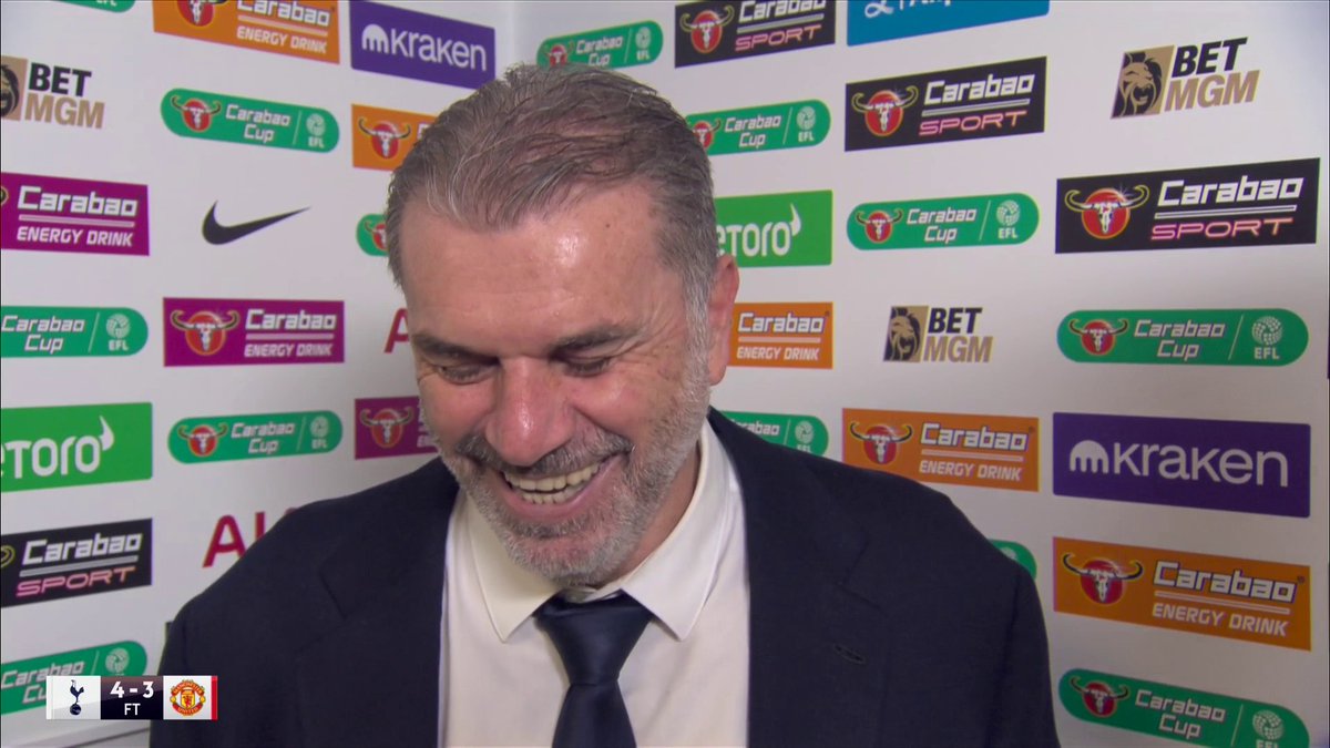 "Are you not entertained? I know the studio is probably going in a meltdown over my lack of tactics" 😅 Ange Postecoglou reacts after a Carabao Cup classic against Man United 🎙️