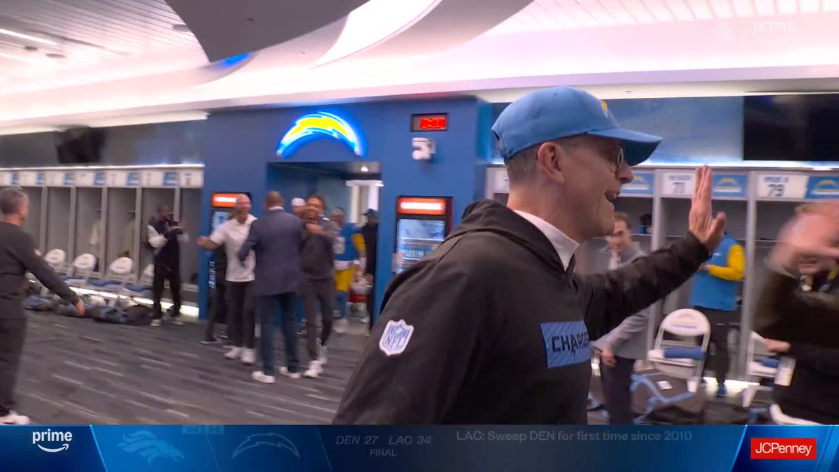 A very happy Coach Harbaugh after the Los Angeles Chargers big #TNFonPrime win!