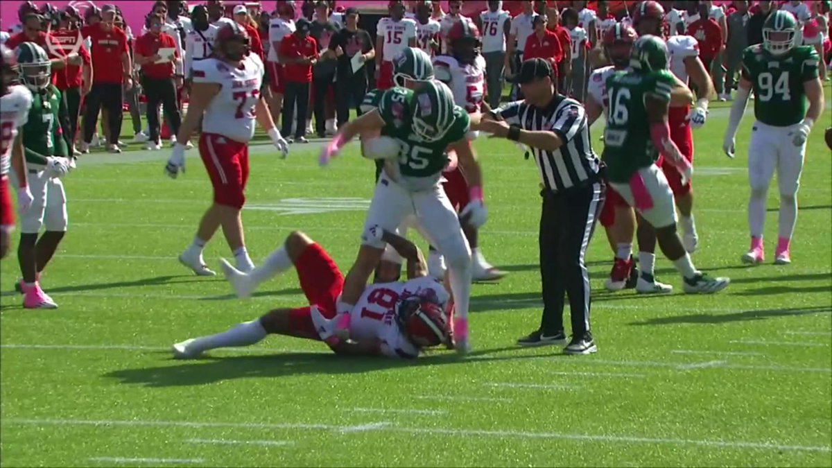 Tempers flared after this play between Jacksonville State and Ohio. Ohio LB Shay Taylor was ejected for stepping on another player.
