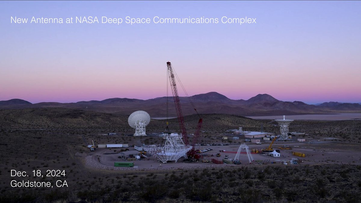 A crowning moment 📡👑 This week, a new antenna at the Goldstone DSN Complex reached a key milestone: The installation of its 133-ton reflector dish. The 34-meter antenna will boost our capacity to talk with spacecraft across the solar system: