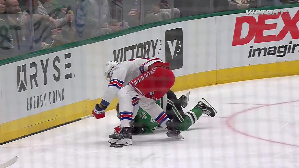Matt Rempe received a 5-minute major for this hit on Miro Heiskanen. Roope Hintz took immediate exception.