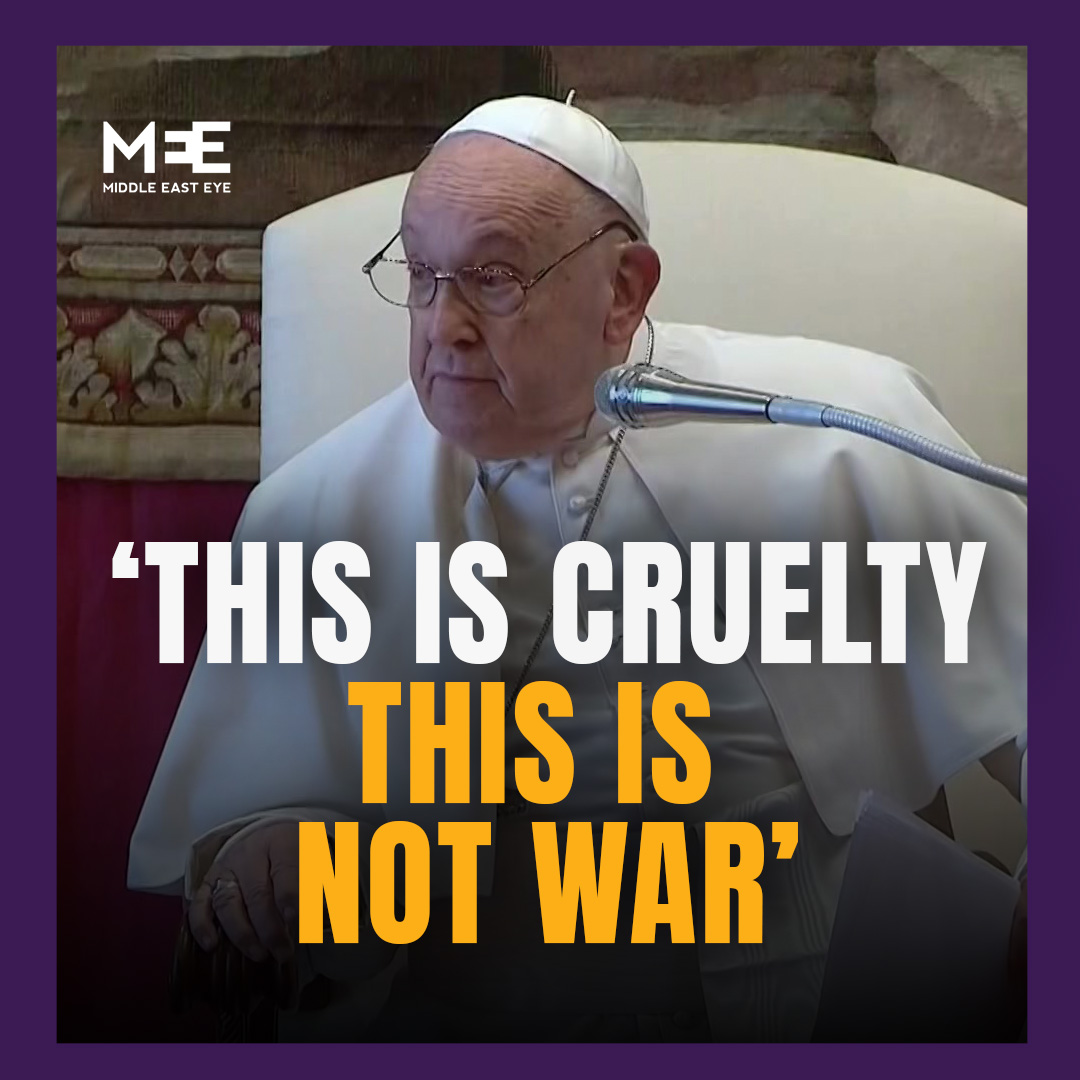 “This is cruelty, this is not war,” Pope Francis told an audience of members of the government of the Holy See, condemning the killing of children in Gaza by Israeli forces. The Israeli attack on Friday left seven children from one family dead.