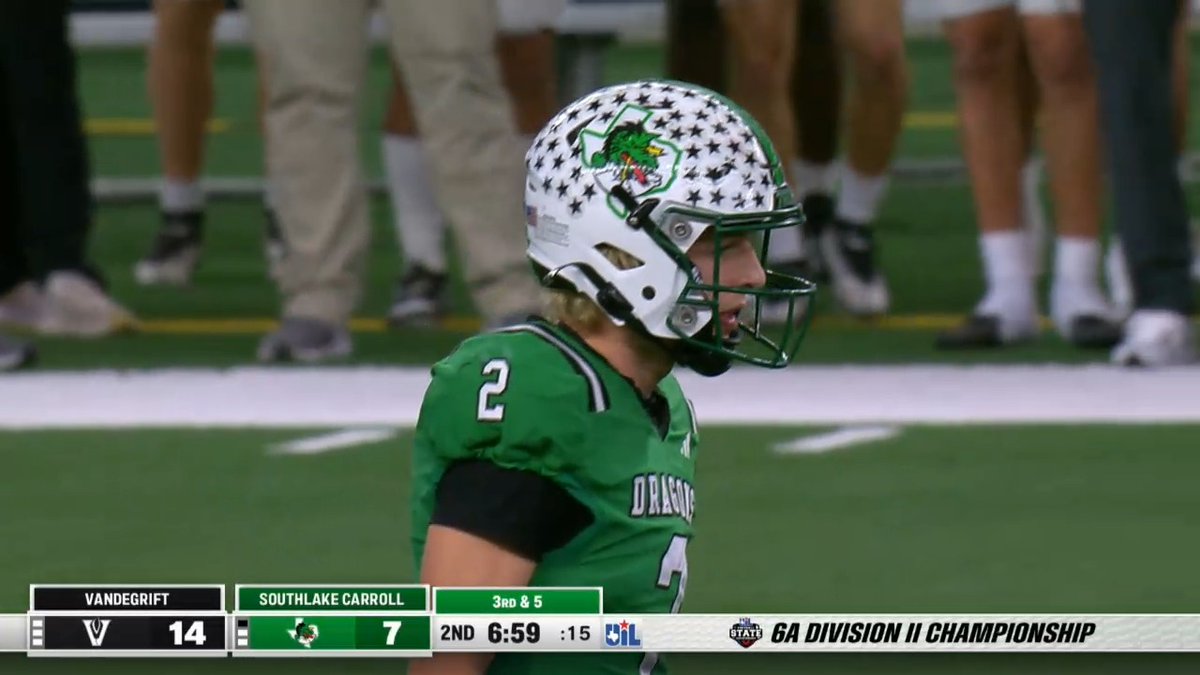 Jack Huerkamp with the PICK!! Big swing for Vandegrift! #TXHSFB #UILSTATE #DCTF #AUSTIN