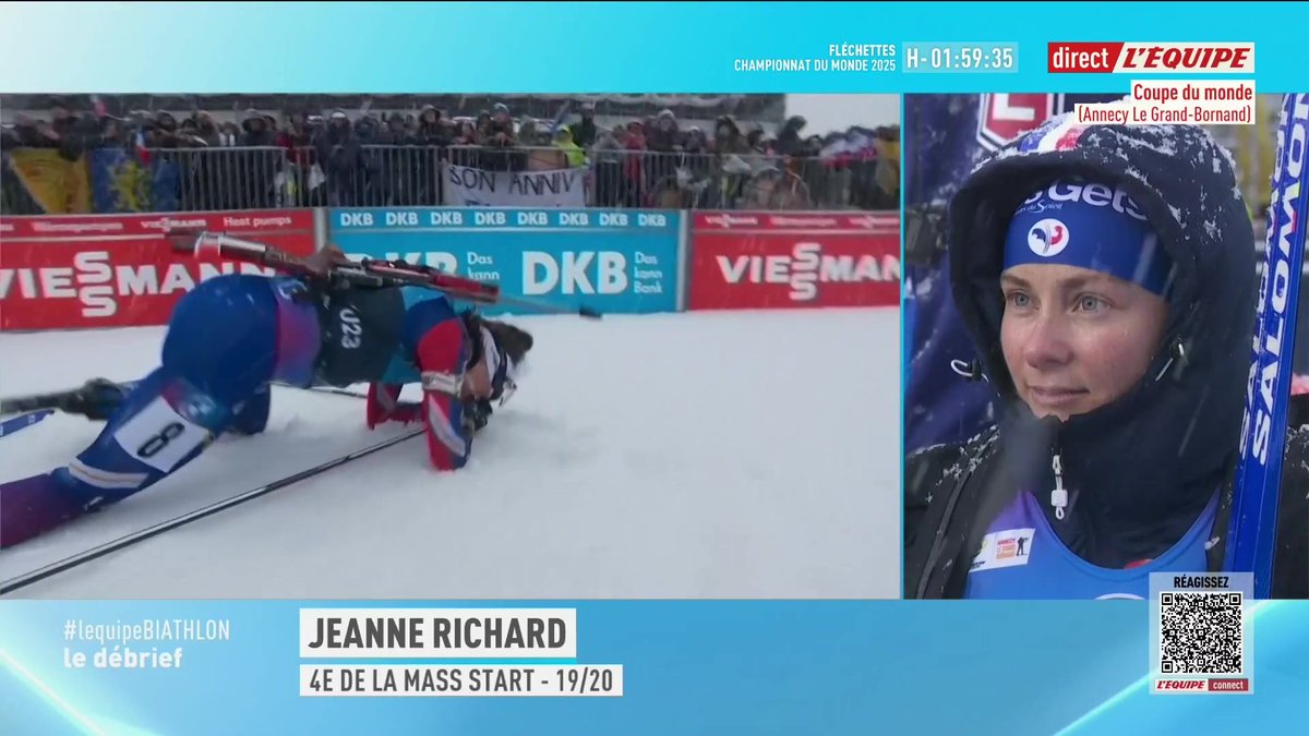 La réaction de Jeanne Richard après sa 4e place : « Jusqu’à la fin je me suis battue, je n’ai rien à regretter. J’apprends beaucoup et ça me donne encore plus les crocs ». Elle assure qu’elle « n’avait aucune idée » que sa concurrente arrivait derrière elle #lequipeBIATHLON
