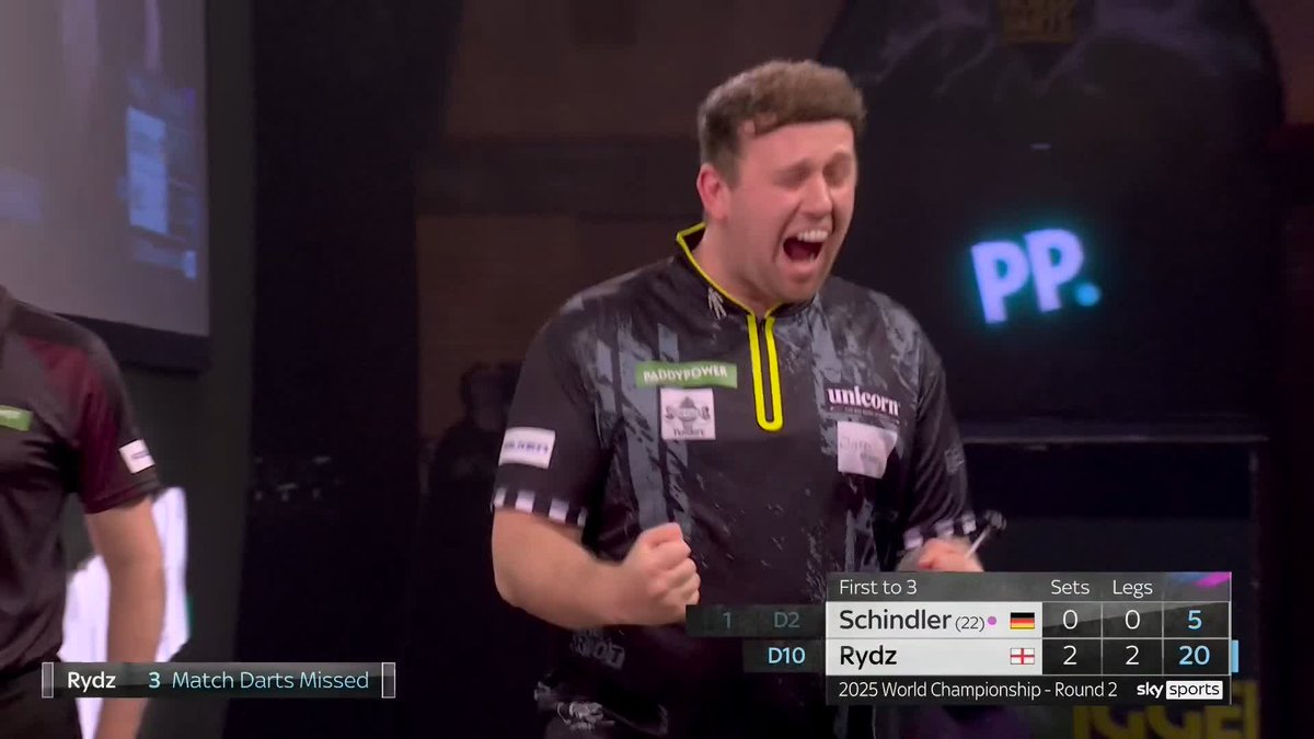 RYDZ KO'S THE WALL! ⚪️⚫️ The German number one is OUT! Callan Rydz books his place in the third round, as he beats Martin Schindler in a straight set victory, and sets up a tie with either Dimitri Van den Bergh or Dylan Slevin! 📺 #WCDarts