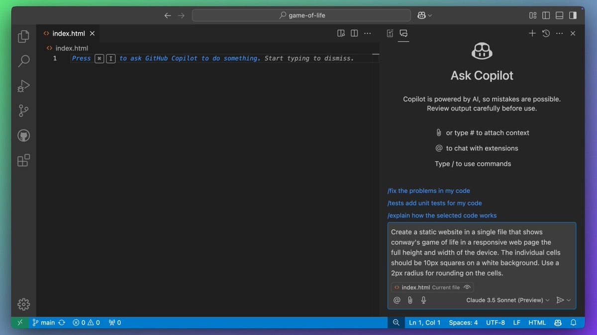 Watch how we built Conway's Game of Life with GitHub Copilot and Visual Studio Code. 👀 P.S. - You can try it yourself with GitHub Copilot Free. ⬇️