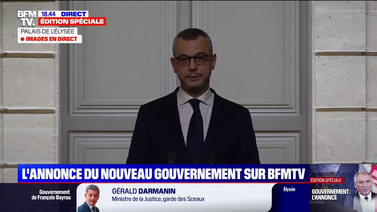 Élisabeth Borne à l'Éducation nationale, Manuel Valls à l'Outre-mer, Gérald Darmanin devient Garde des Sceaux… Alexis Kohler annonce la composition du gouvernement de François Bayrou
