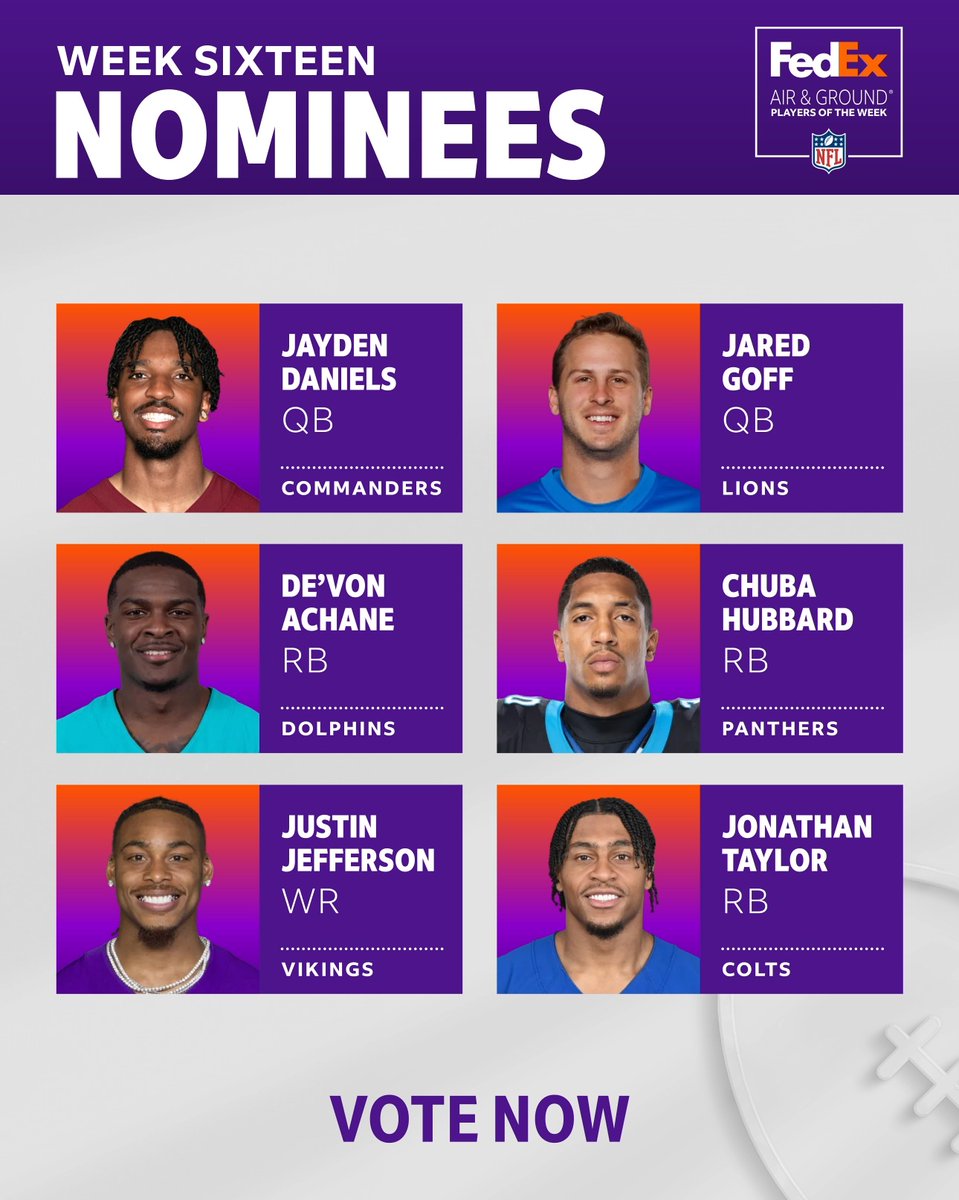 Want to give your favorite player a gift for the holidays? Vote for Jayden Daniels, Jared Goff, De’Von Achane , Chuba Hubbard, JJETS✈️ or Jonathan Taylor for FedEx #AirandGround NFL Players of the Week at