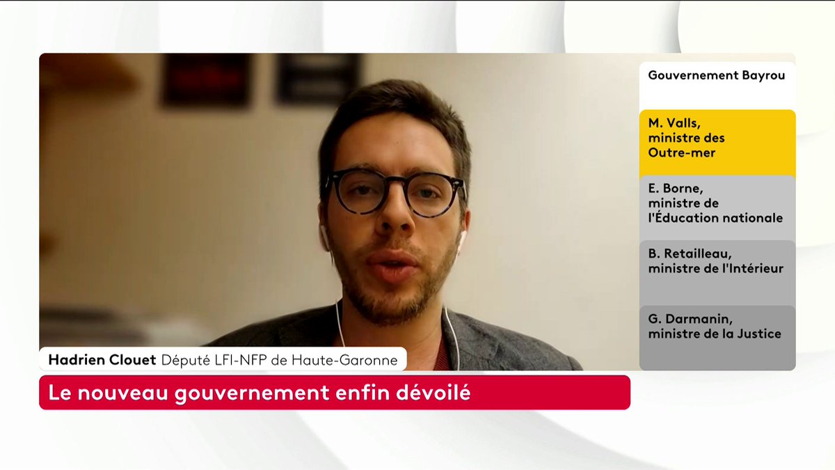 🔴DIRECT - 🗣️"Si vous en êtes à rappeler Manuel Valls, c'est que même Judas n'étais pas disponible." Hadrien Clouet, député LFI, réagit à l'annonce du gouvernement de François Bayrou. #franceinfo #canal27