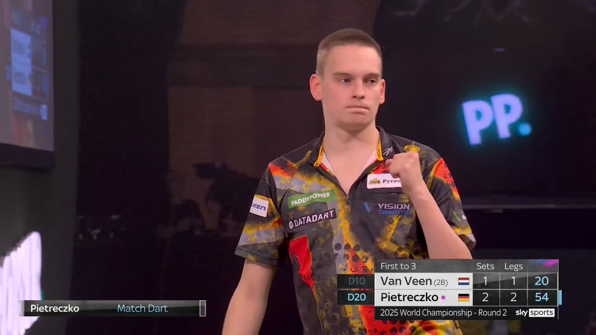 PIKACHU PUTS OUT VAN VEEN! 🇩🇪 Delight for Ricardo Pietreczko, who produces a clinical display of doubling to condemn Gian van Veen to another early exit at Alexandra Palace! #WCDarts