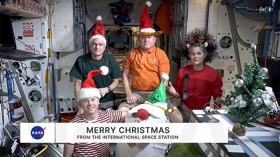 NASA astronauts Suni Williams, Don Pettit, Nick Hague, and Butch Wilmore shared a holiday greeting and expressed well wishes to those back home on Earth during a pre-recorded message on Dec. 23, 2024.