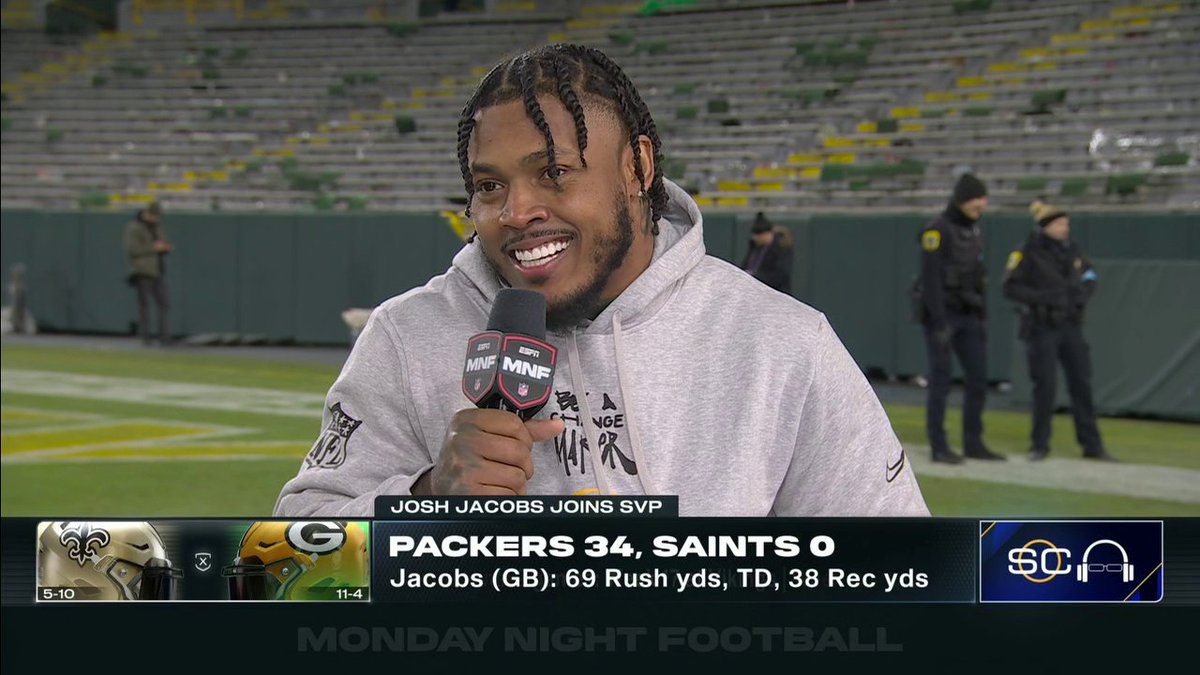 "Coach told me at halftime if we scored again then I was basically done for the day." Josh Jacobs told Scott Van Pelt knew he had to run the numbers up 😅
