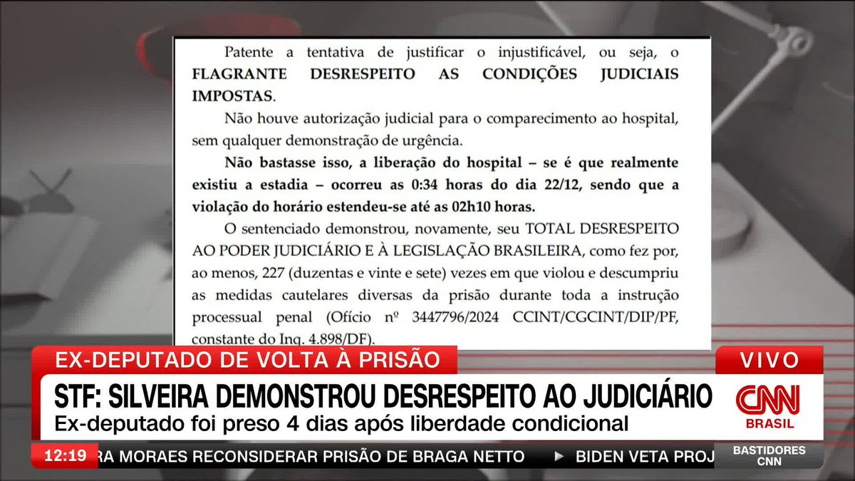 O ex-deputado Daniel Silveira, preso novamente nesta terça-feira (24) pela PF, descumpriu medidas cautelares impostas pela Justiça ao menos 227 vezes. A informação consta na decisão do ministro Alexandre de Moraes, do Supremo Tribunal Federal (STF). #BastidoresCNN