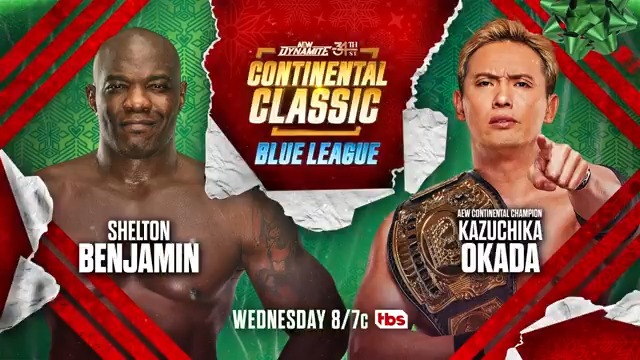 TOMORROW Wednesday Night #AEWDynamite on 34th St 8pm ET/7pm CT on TBS! Continental Classic Blue League @SheltyB803 vs @RainmakerXOkada The Hurt Syndicate's Shelton Benjamin faces Continental Champ Kazuchika Okada for the 1ST TIME EVER!