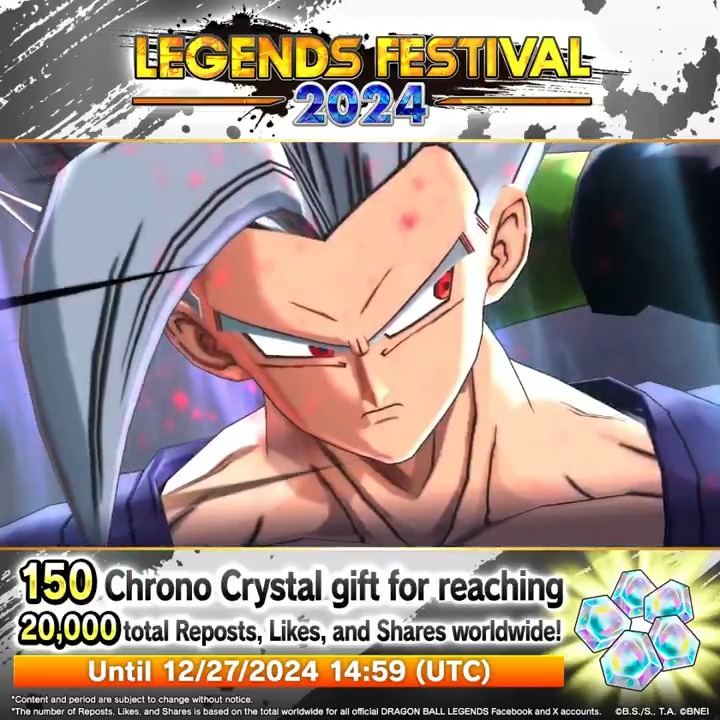[Social Media Campaign] If this post gets a total of 20,000 Reposts, Likes, and Shares worldwide, all players will get a gift of 150 Chrono Crystals! Campaign Period: until 12/27 14:59 (UTC) (Sched.) #LegendsFestival #DBLegends #Dragonball