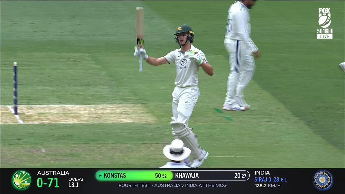 "Welcome to the big time Sam Konstas!" 👏 Sam Konstas brings up an electrifying 50 off just 52 balls ⚡ 📺 WATCH #AUSvIND on Ch. 501 or stream via Kayo ✍️ LIVE BLOG 🔢 MATCH CENTRE