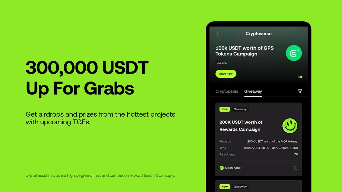 We've got 300K USDT up for grabs in this week's campaigns with GoPlus Security 🚦 and Moonpump! Find them here: 📱 Discover > Cryptoverse > Giveaway 💻