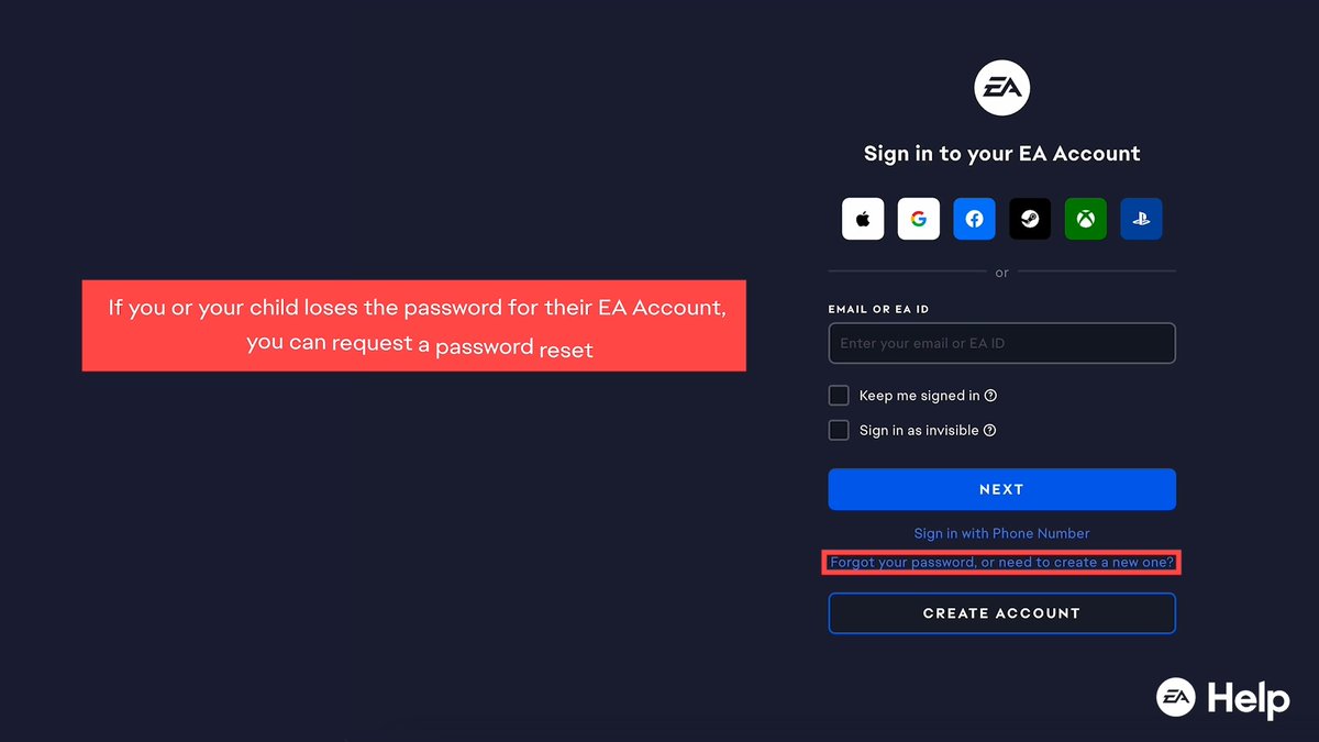 If your child forgets the password to their EA Account, you can request a reset on the EA app using their EA ID. Find out more in our video.