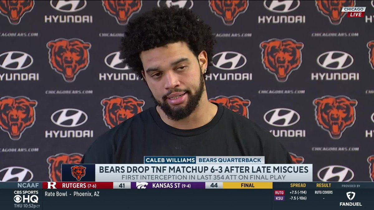 "I got hit in the throat...I don't know if the coaches saw me, even though I got hit in the throat and the face." — QB Caleb Williams on delay in between snaps during final drive