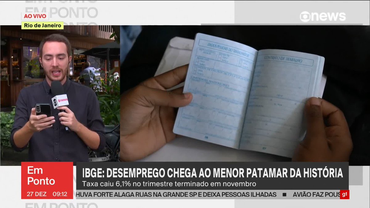 Desemprego cai para 6,1% e atinge menor patamar da história no trimestre terminado em novembro, segundo o IBGE. ➡ Assista ao #GloboNewsemPonto: #GloboNews