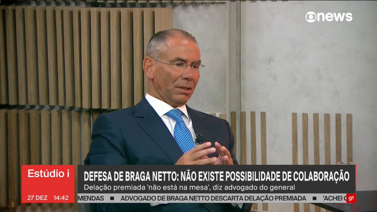“Eu acho que depois que essa denúncia for colocada e apresentada (...), a presença do ministro Alexandre de Moraes deve ser questionada porque ele é vítima”, afirma o advogado de Braga Netto. ➡ Assista na #GloboNews: #Estúdioi