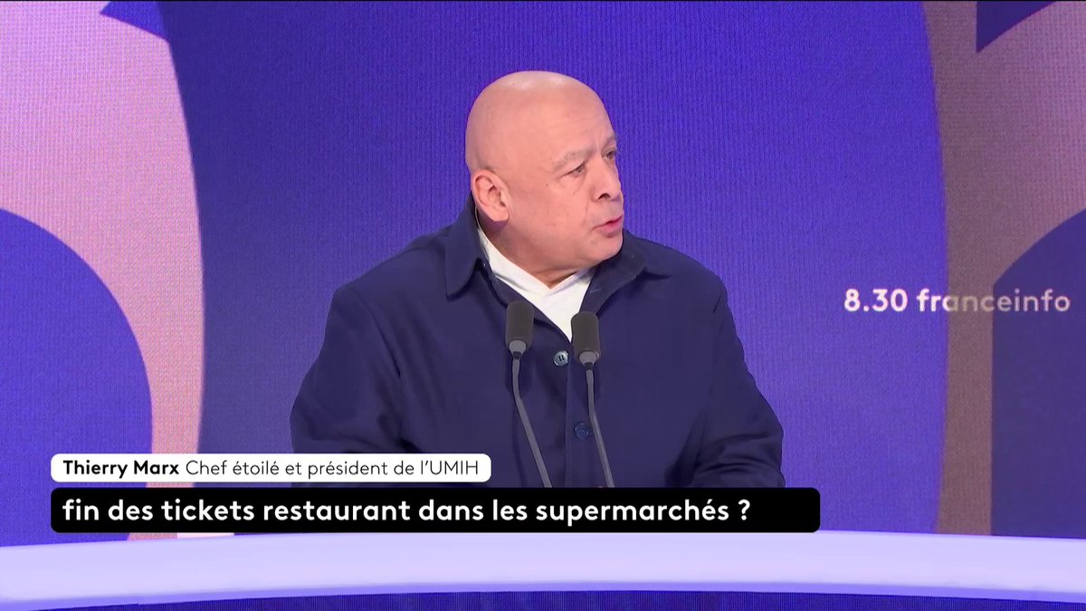 Fin des titres restaurant dans les supermarchés : "Il faut aussi un titre alimentation", estime Thierry Marx, président de l'Umih, invité du #8h30franceinfo. "Comme en Angleterre et aux Pays-Bas".