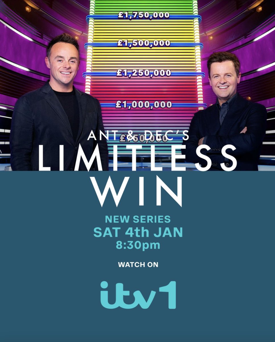 New Year, new series! 🎉 antanddec return for brand new #LimitlessWin, with the chance to claim the biggest cash prize in British TV history! Saturday 4th January, 8:30pm on #ITV and ITVX. 💷