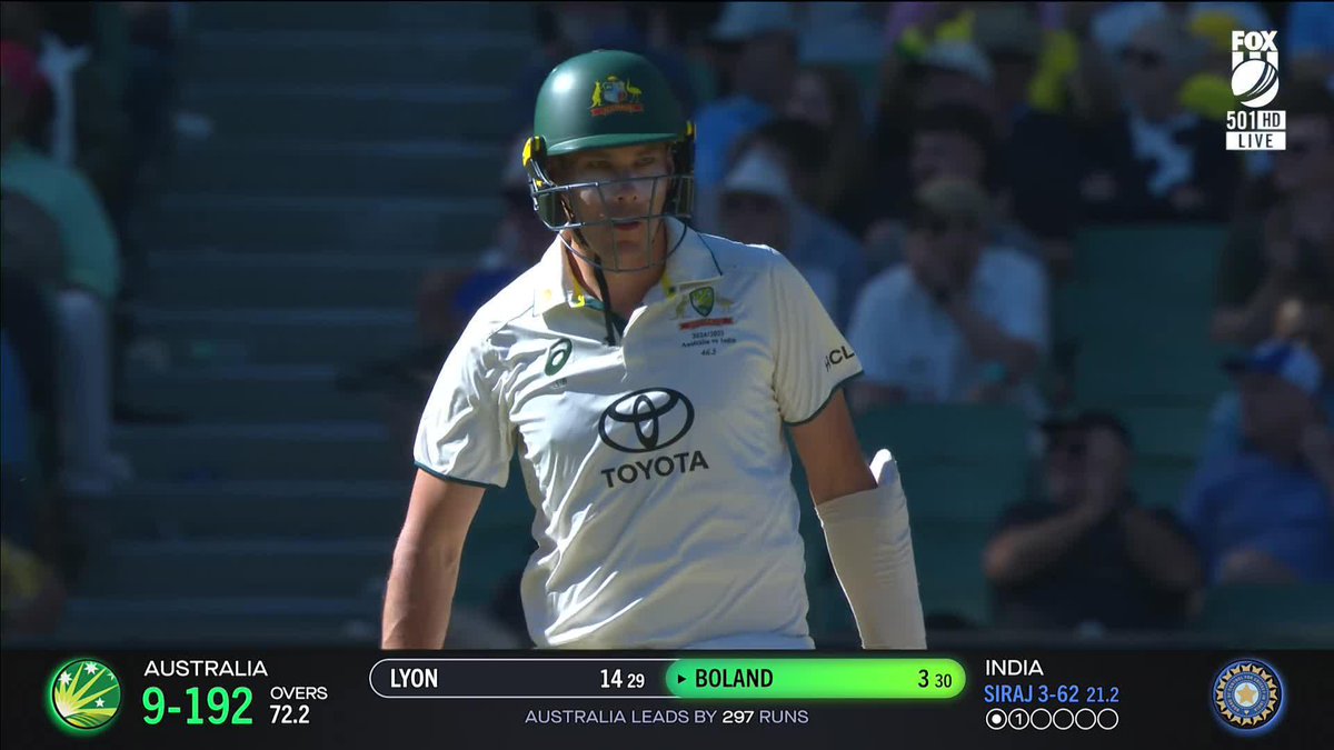 "Scotty B at the G!" 🙌 A Boland boundary pushes Australia's lead over 300! 📺 WATCH #AUSvIND on Ch. 501 or stream via Kayo ✍️ LIVE BLOG 🔢 MATCH CENTRE