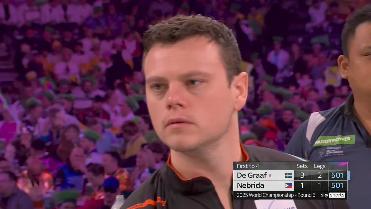 DE GRAAF SEES OFF NEBRIDA 💪🇸🇪 Seven perfect darts as Jeffrey De Graaf seals victory with a ten darter, beating Paolo Nebrida 4-1. He's into the Fourth Round for the first time, and will face Michael van Gerwen! 📺 #WCDarts