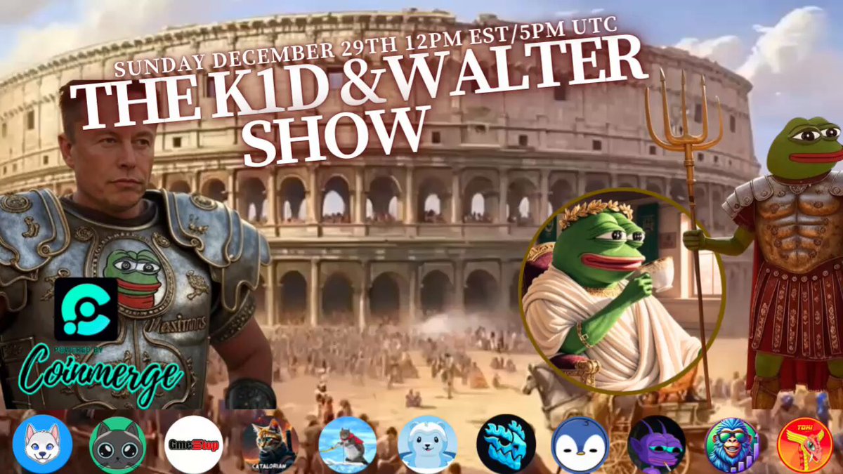 🚨You guys already know what time it is! WALTER #DEFI 4 LYFE #BTC #ETH #SOL #XRP#BLOCKCHAIN and I have another bangity bang bang 🔫🔫 banger in the pipeline. Smash this reminder for the latest and greatest.🚨 👇👇👇👇 We are pumped to feature Kekius Maximus on Eth $Kekius as our headliner. You know Walt and I are the Elon boys and you don’t want to miss this. Elon tweeted that he was going to name his next in game character Kekius Maximus and thus the epic narrative began. Now as a subject matter he constantly engages with, you can see why we are bullish. Kekius Maximus is King of all memes and narratives, Pepe meets Elon in this token in a way we’ve never seen. Join us to meet this blue chipper in the making. Also we’ll be talking to and/or about these amazing projects! 👇👇👇👇 12:40 Toki $Toki 12:50 MSI $MSI 1:00 Evan The Hobo $Evan 1:10 Little Penguins Community $LPengu 1:20 AiBase $AiBase 1:30 SEALS CTO $Seals 1:40 TWIGGY The Squirrel | FAN Page $Twiggy 1:50 Catalorian #Catalorian 2:00 GMEonSol $GME 2:10 Merv the cat $Merv 2:20 KENJI $Kenji $Base $Shiba $Bone $ETH $BTC $BNB $Matic $Sol $Avax $Ton $Aptos $Vet $Arb :::This show is for entertainment purposes and should not be taken as financial advice. Guests on the show are sponsors and/or tokens that we hold. Please consult a professional before investing into #crypto #ad #sponsored :::::