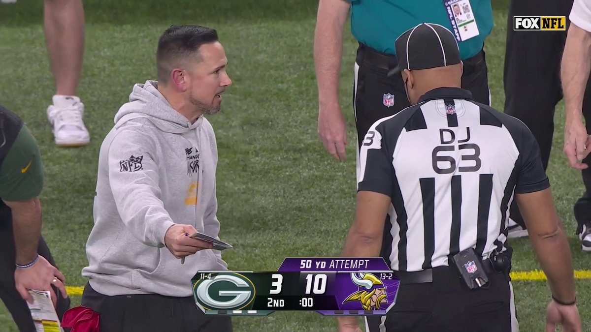 #Packers HC Matt LaFleur was not happy after this penalty allowed the Vikings to get another shot at a FG and extend their lead.