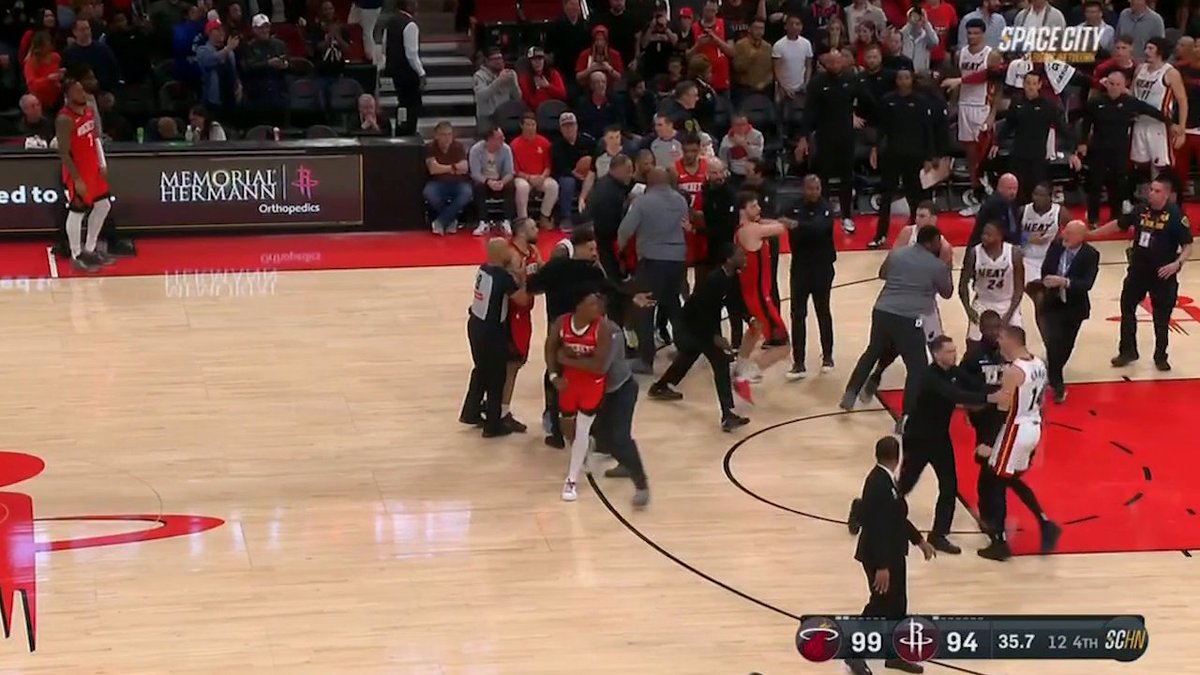 Chaos ensues at the end of Heat vs. Rockets 😳 Four players and two coaches were ejected after this scuffle.