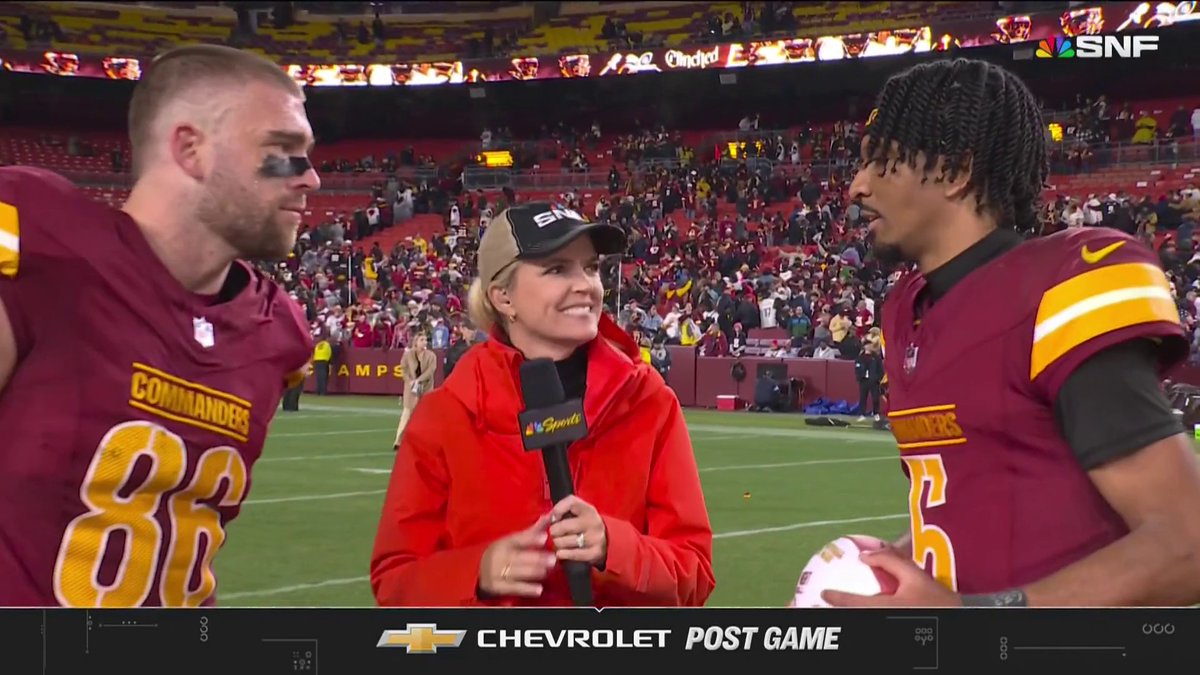 Jayden Daniels and Zach Ertz caught up with Melissa Stark after their OT heroics to send the Commanders to the playoffs.