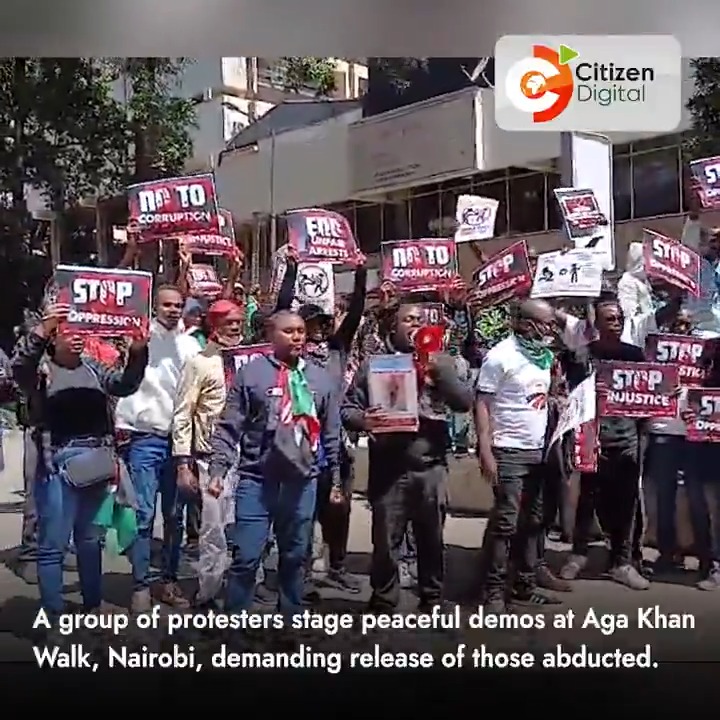 A group of protesters stage peaceful demos at Aga Khan Walk, Nairobi, demanding release of those abducted