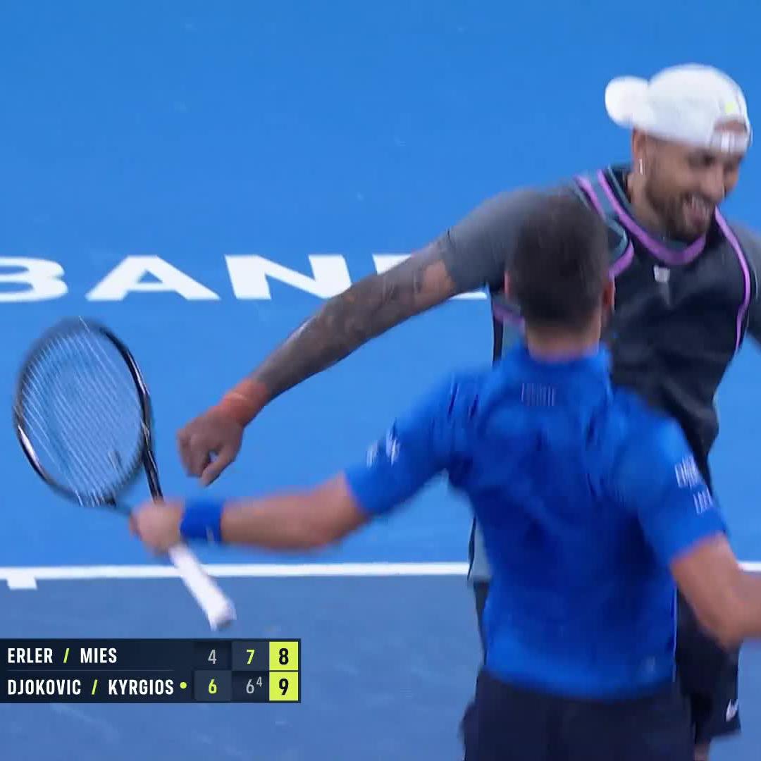 A winning return 🙌 Nicholas Kyrgios gets the win on his return alongside Novak Djokovic with a 6-4 6-7 10-8 victory over Erler/Mies