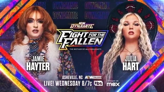 Mother of All Simulcasts #AEWDynamite Fight for the Fallen Wed, 1/1/25 | Asheville, NC LIVE at 8pm ET/7pm CT on TBS Network & Max Jamie Hayter vs Julia Hart After weeks of taunting, JAMIE HAYTER seeks revenge as she takes on the returning julia hart on New Year’s Day!