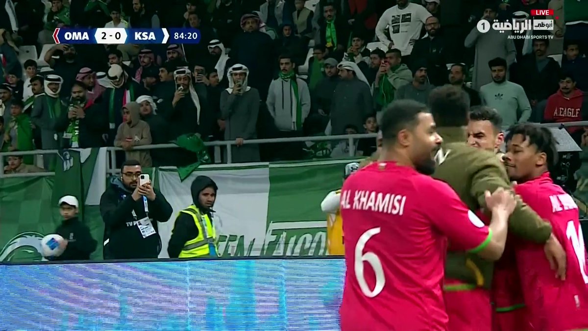 🟥 34` طرد المنذر العلوي لاعب عمان 🇴🇲 74` عمان 1 - 0 السعودية 🇴🇲 85` عمان 2 - 0 السعودية 🇸🇦 87` عمان 2 - 1 السعودية 🟥 90+10` طرد عبدالإله هوساوي لاعب السعودية سيناريو تاريخي وتأهل تاريخي لمنتخب عمان اليوم! ❤️🇴🇲