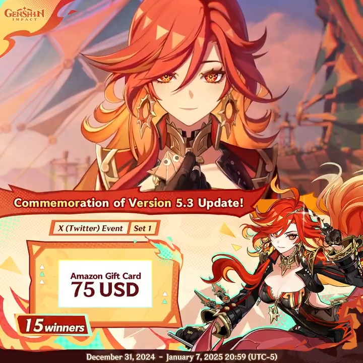 ✨Set 1✨ Commemoration of Version 5.3 Update 🎁Participate in the event for a chance to win a $75 Amazon gift card. How to Participate: ① Follow Genshin Impact ② Retweet this post You can instantly check the event results here>>> #GenshinImpact