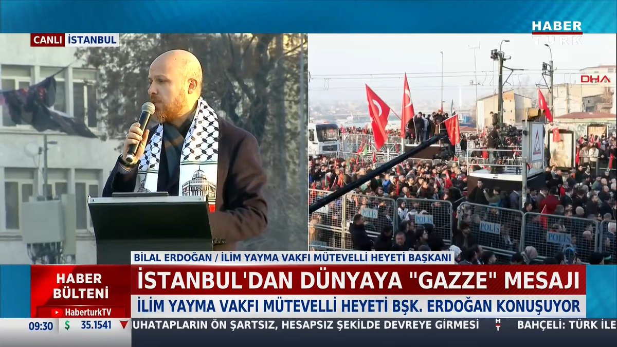 İlim Yayma Vakfı Mütevelli Heyeti Başkanı Bilal Erdoğan konuştu. "Gazze'deki soykırımı lanetlemek için buradayız." "Kimse sanmasın ki Türkiye uyuyor, biz ayaktayız." "Gazze yalnız değil, Filistin kimsesiz değil, Suriye tek başına değil. Biz varız, Türkiye var."