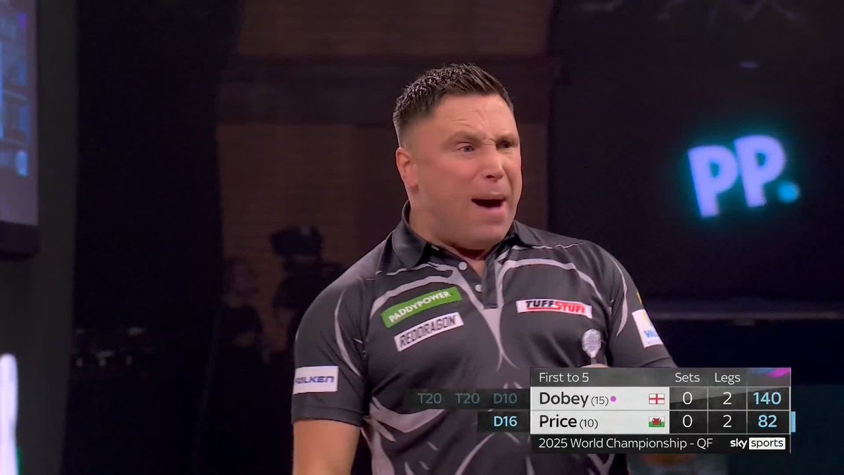 PRICE STRIKES THE FIRST BLOW! That is sensational from Gerwyn Price! The Welshman produces a brilliant 11-dart break to secure the opening set against Chris Dobey! 📺 #WCDarts | QFs