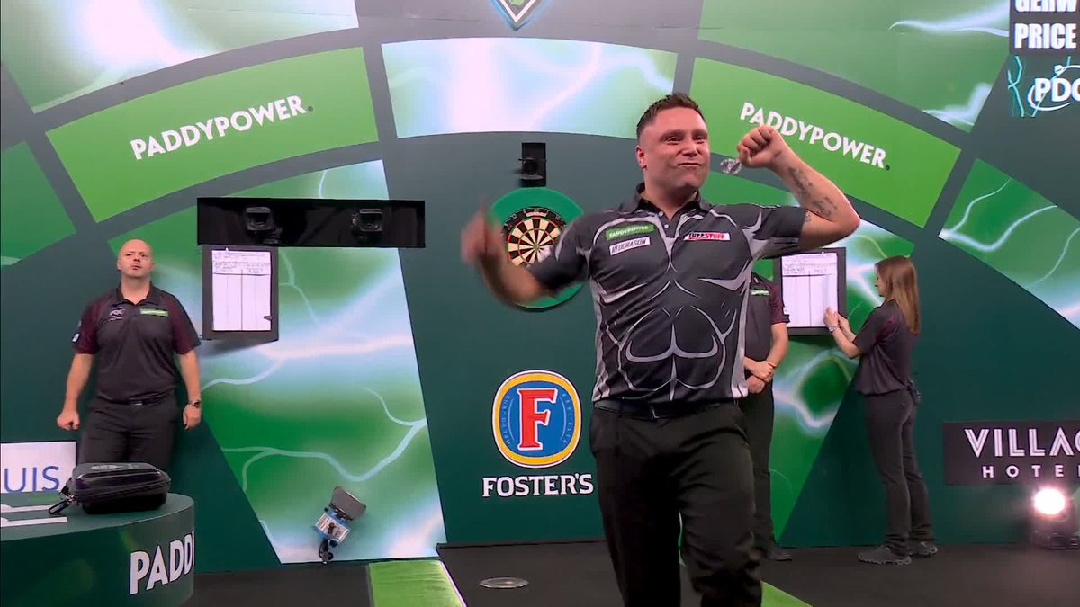 Gerwyn Price's smile when Chris Dobey misses double one for the match! Then the dance when he takes the set! Box Office darts.