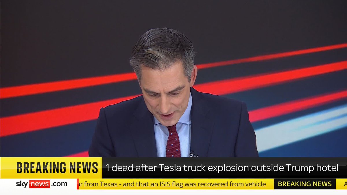 BREAKING: A person has died and seven others have been injured after a Tesla cybertruck exploded outside a hotel owned by Donald Trump. Sky 501, Virgin 602, Freeview 233